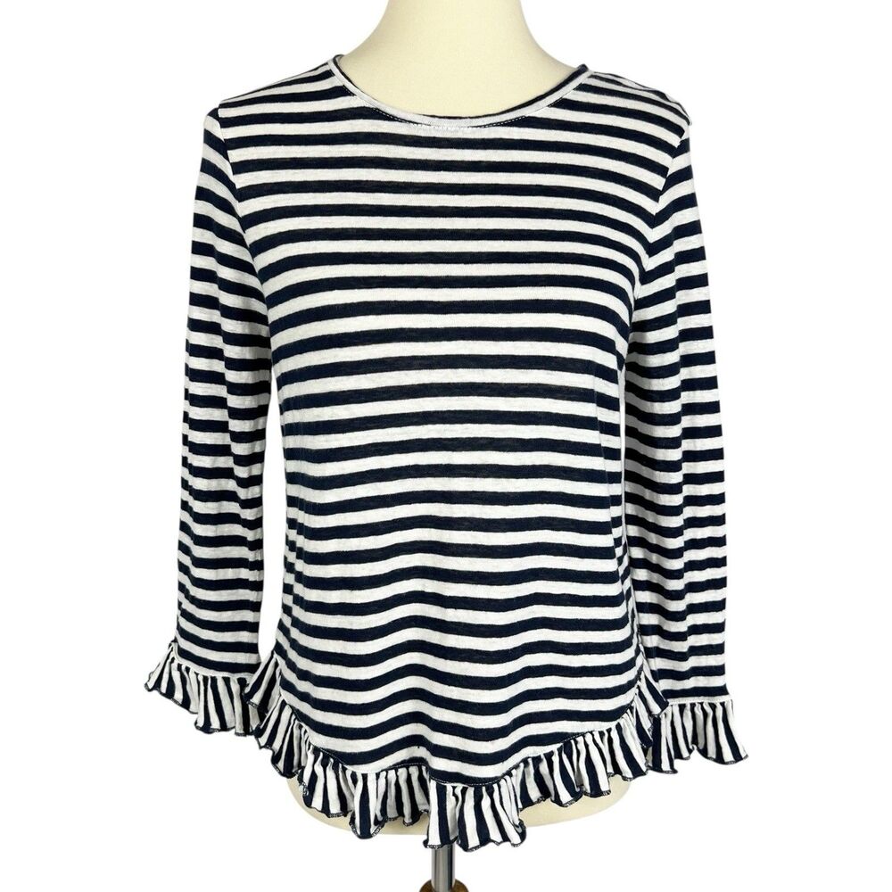 Boden Navy Blue White Striped 100% Linen Long Sleeve Ruffle Hem Top Women’s 8
